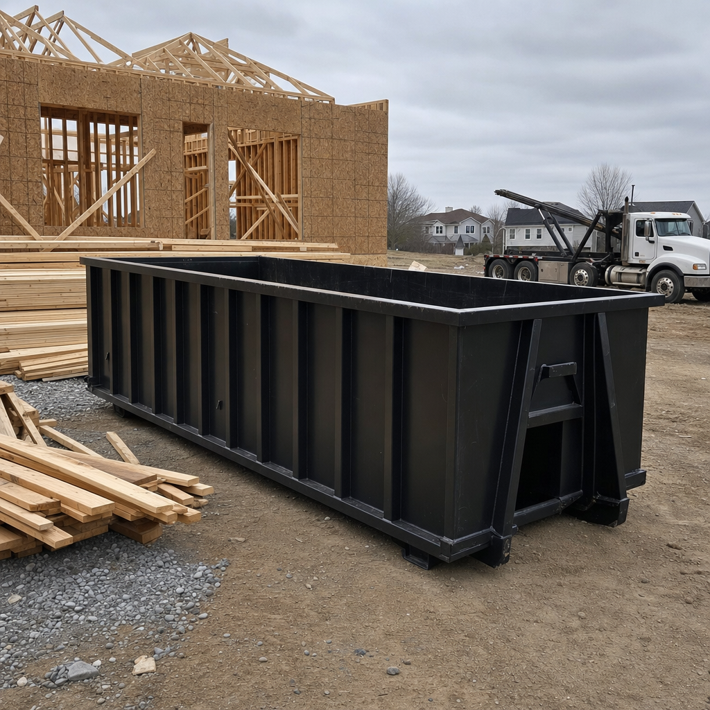 Matte-black 40-yard roll-off dumpster staged on a framed-out residential construction site in Sacramento, framing lumber stacked nearby, hooklift delivery truck visible in the background under bright Colorado daylight