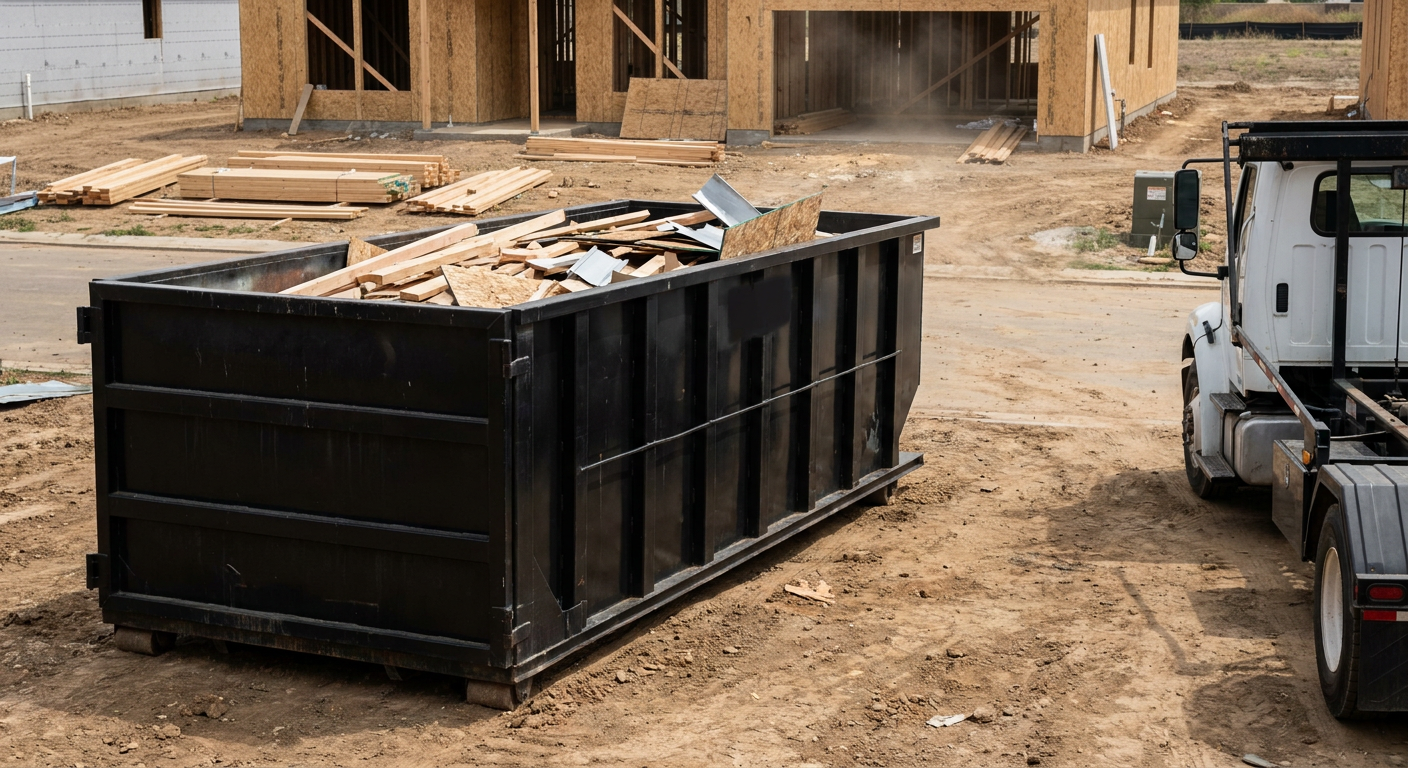 Matte-black 20-yard roll-off construction dumpster with heavy ribbed steel sidewalls and swing rear doors at a working jobsite in Sacramento, sitting directly on compacted dirt with an unmarked white hauler partially visible at the far edge of the frame.