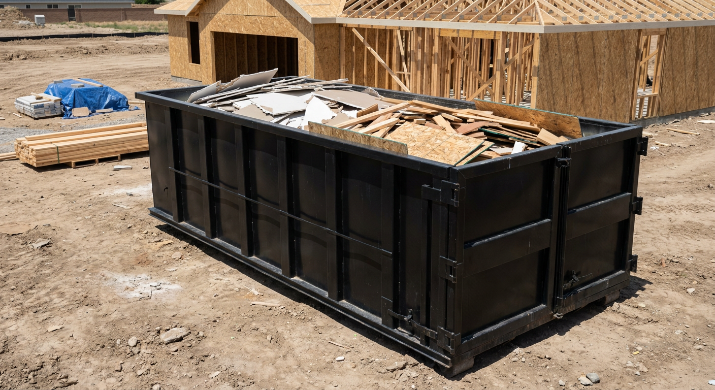 Matte-black 30-yard roll-off construction dumpster sitting directly on the compacted-dirt site of a framed single-family home build in Sacramento, drywall and lumber scrap loaded inside.