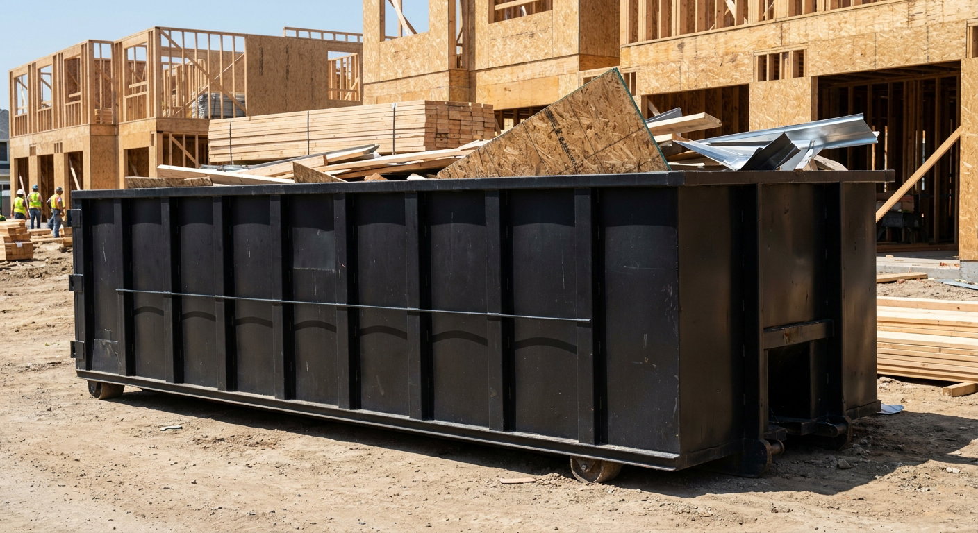 Matte-black 40-yard roll-off construction dumpster being lowered from a white-cab hooklift delivery truck onto the compacted-dirt jobsite at a commercial build site in Sacramento