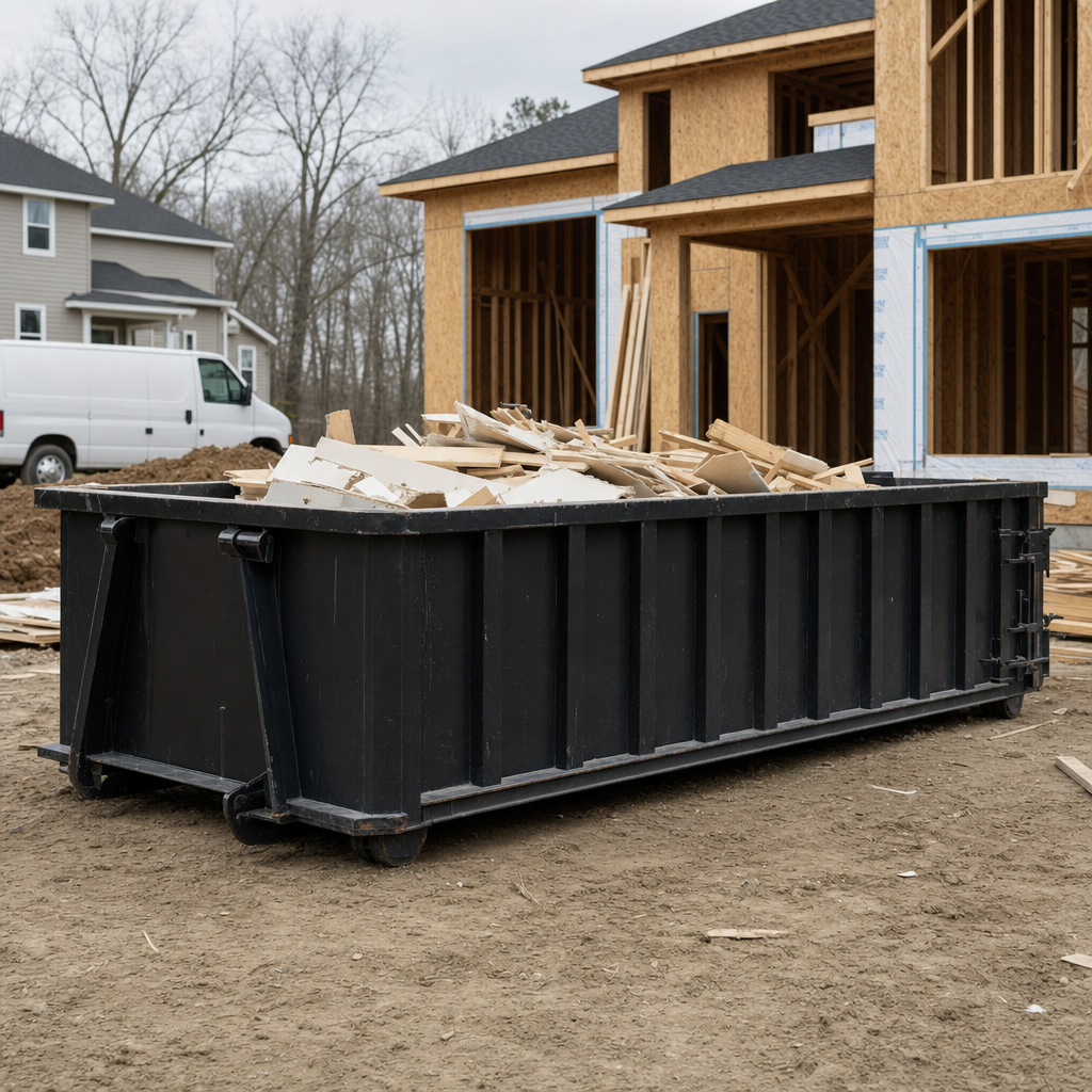 Worker in a yellow high-visibility vest tossing framing lumber and broken drywall into a matte-black 30-yard construction roll-off dumpster on an active build site in Sacramento, bright daylight