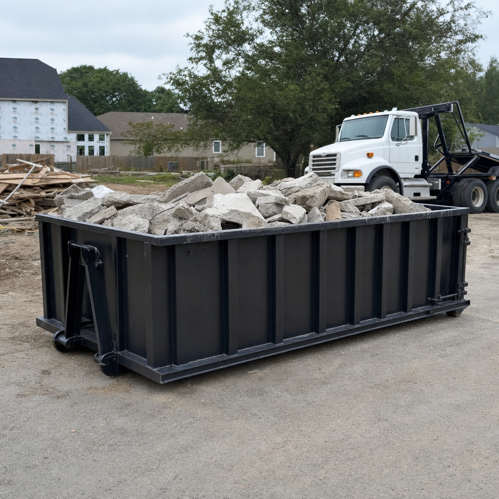 Low-profile matte-black lowboy roll-off dumpster loaded with broken concrete slab and rebar at a foundation tear-out in Sacramento, skid steer parked beside it, sunny Colorado morning