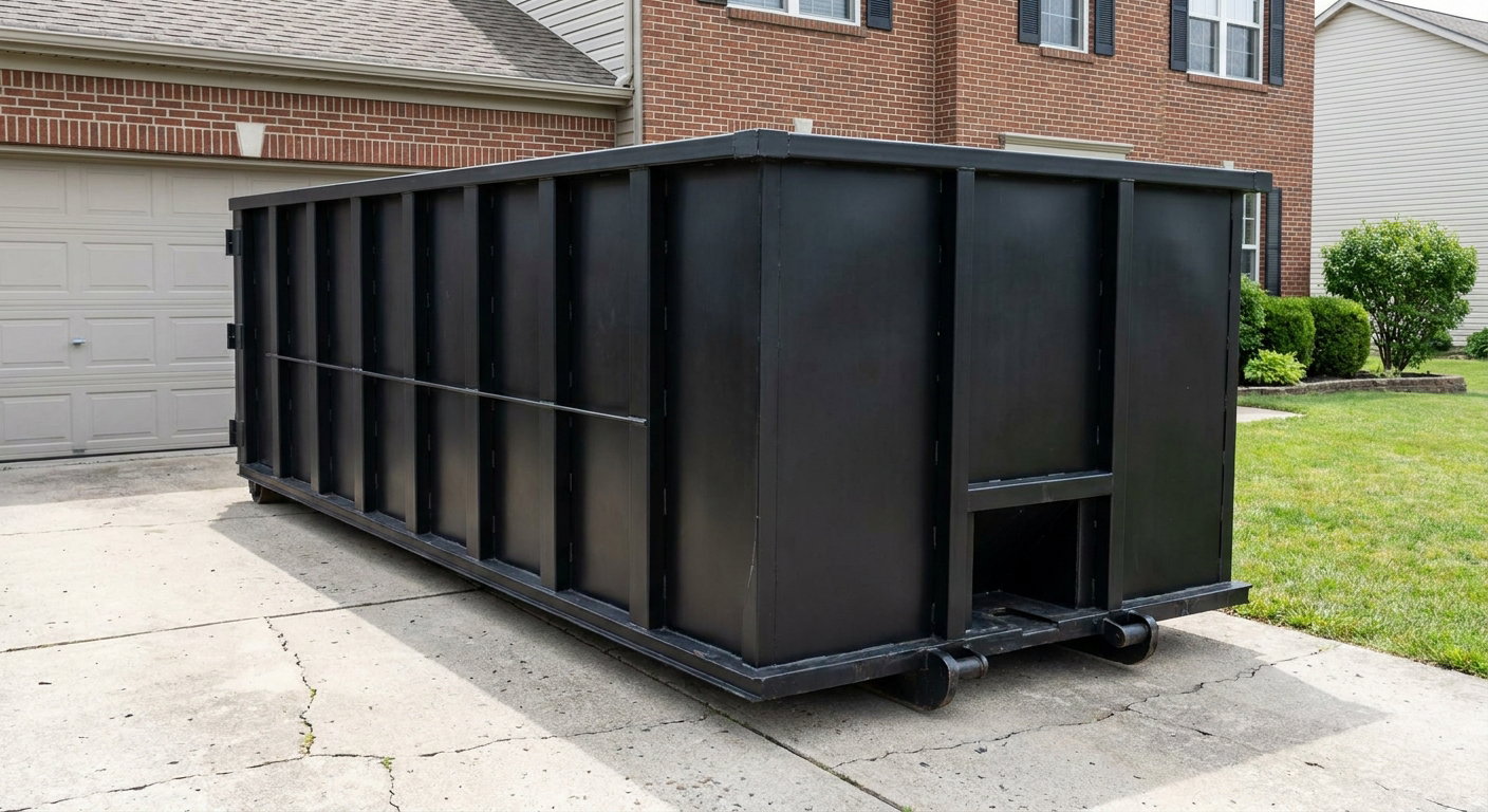 Matte-black 20-yard roll-off container on a Sacramento residential concrete driveway with reinforced ribbed steel sidewalls and a hinged rear walk-in door, clean bright daylight.