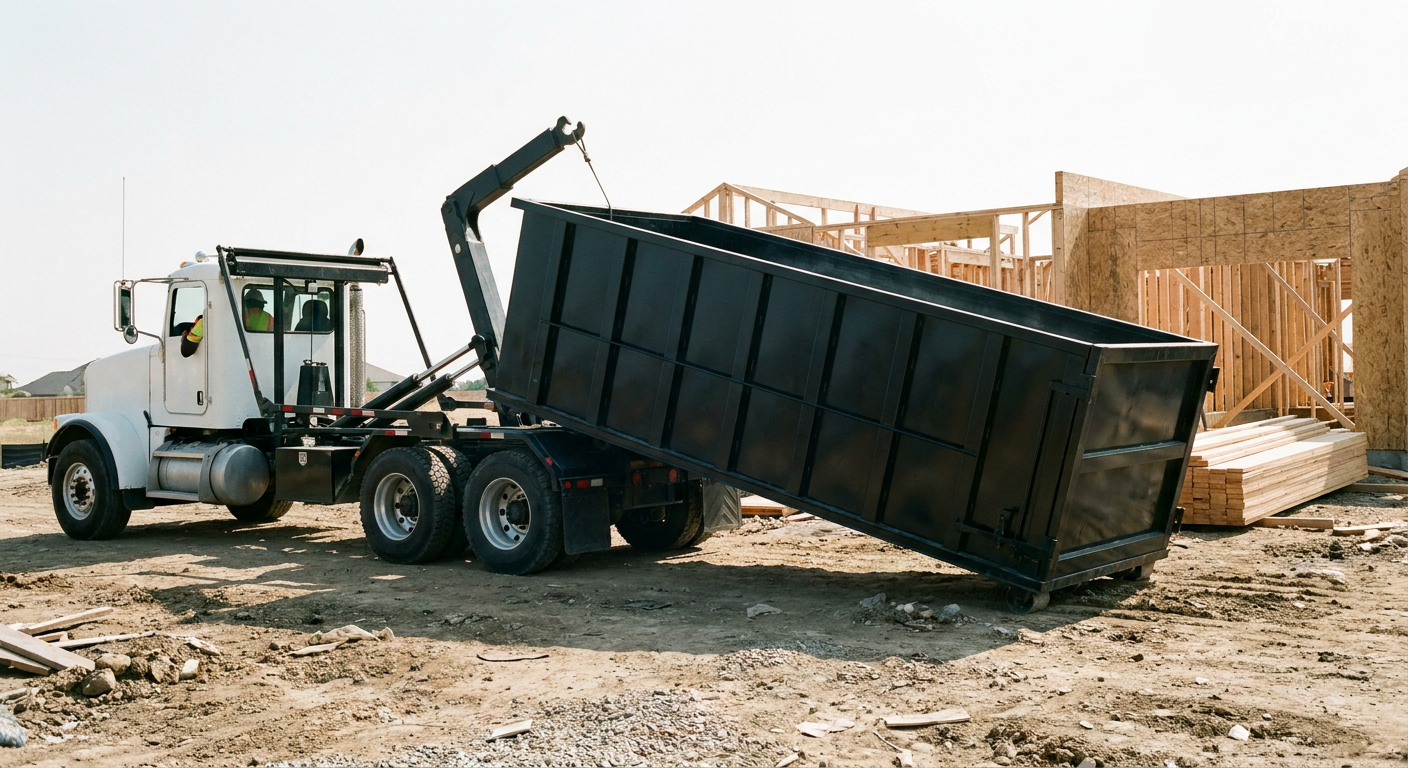 Matte-black roll-off dumpster being delivered onto a clean residential concrete driveway in Sacramento by an unmarked white hooklift hauler truck, bright morning daylight, documentary 35mm perspective.