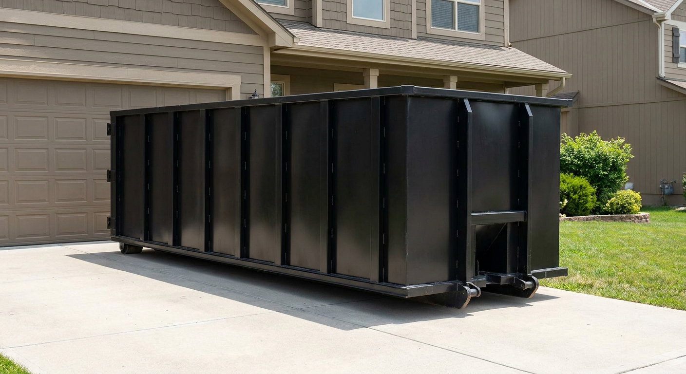 Matte-black residential roll-off dumpster sitting directly on a suburban Sacramento concrete driveway, garage door closed, single-family home in background, bright morning daylight.