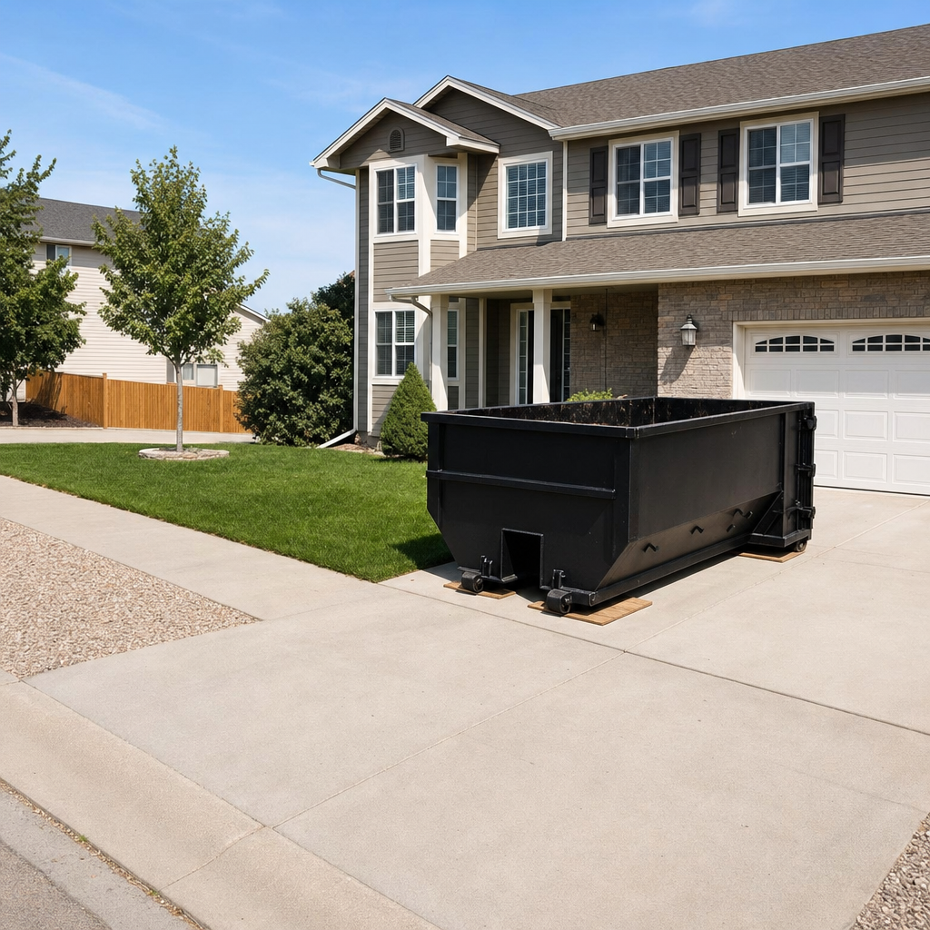 10-yard matte-black residential dumpster placed directly on a narrow Sacramento concrete driveway, room remains for a parked sedan beside it, mid-morning natural light