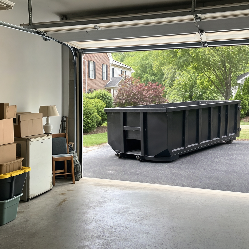 Open garage interior in a Sacramento home mid-cleanout — boxed items, an old appliance, and stacked yard tools queued near the driveway for a matte-black roll-off dumpster, organized and calm