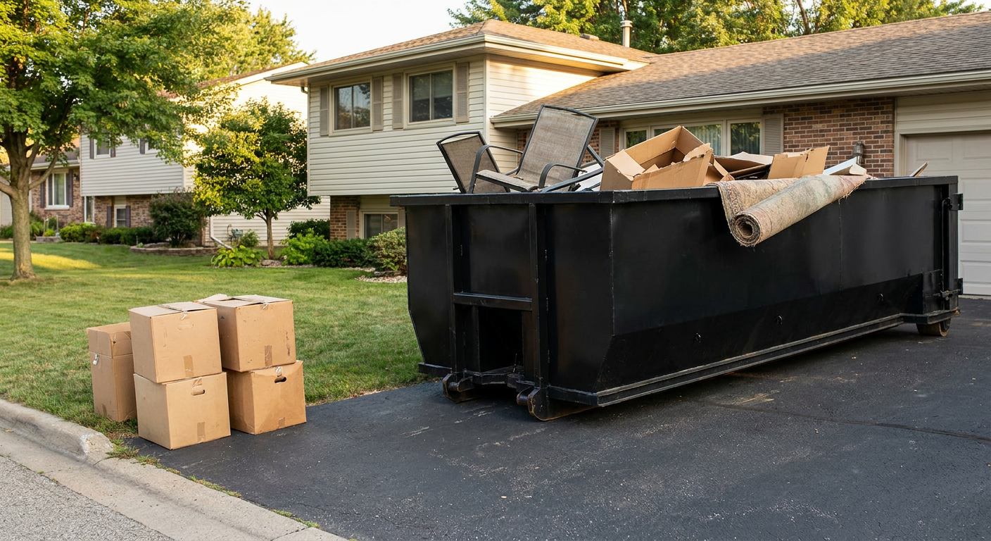 Front-yard view of a Sacramento split-level home with a 20-yard matte-black roll-off dumpster sitting directly on the asphalt driveway, a few clearly labeled donation boxes staged at the curb, calm sunny afternoon.