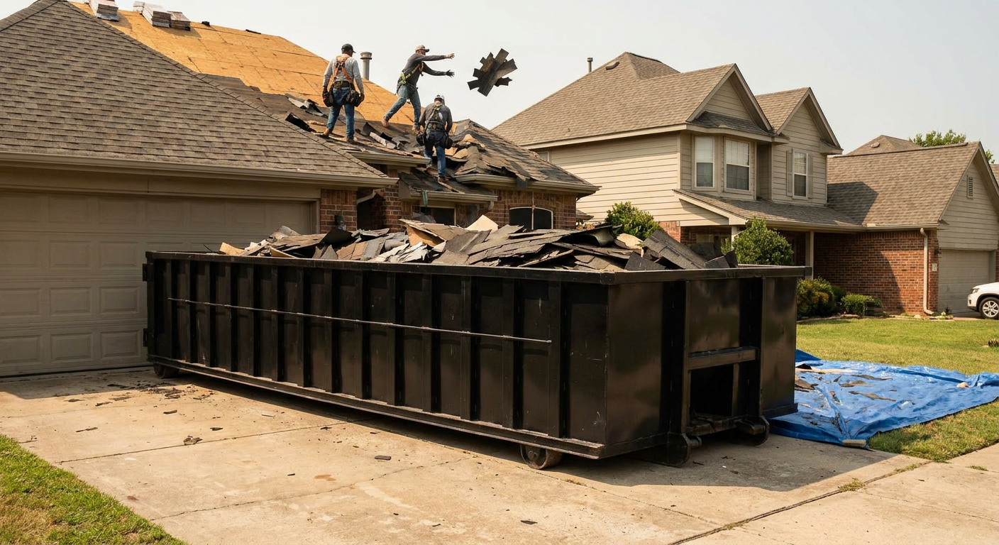 Matte-black roofing roll-off dumpster placed directly on a Sacramento residential concrete driveway, a tear-off crew on a two-story asphalt-shingle roof tossing shingle bundles into the low-walled container, bright daylight, documentary 35mm perspective.
