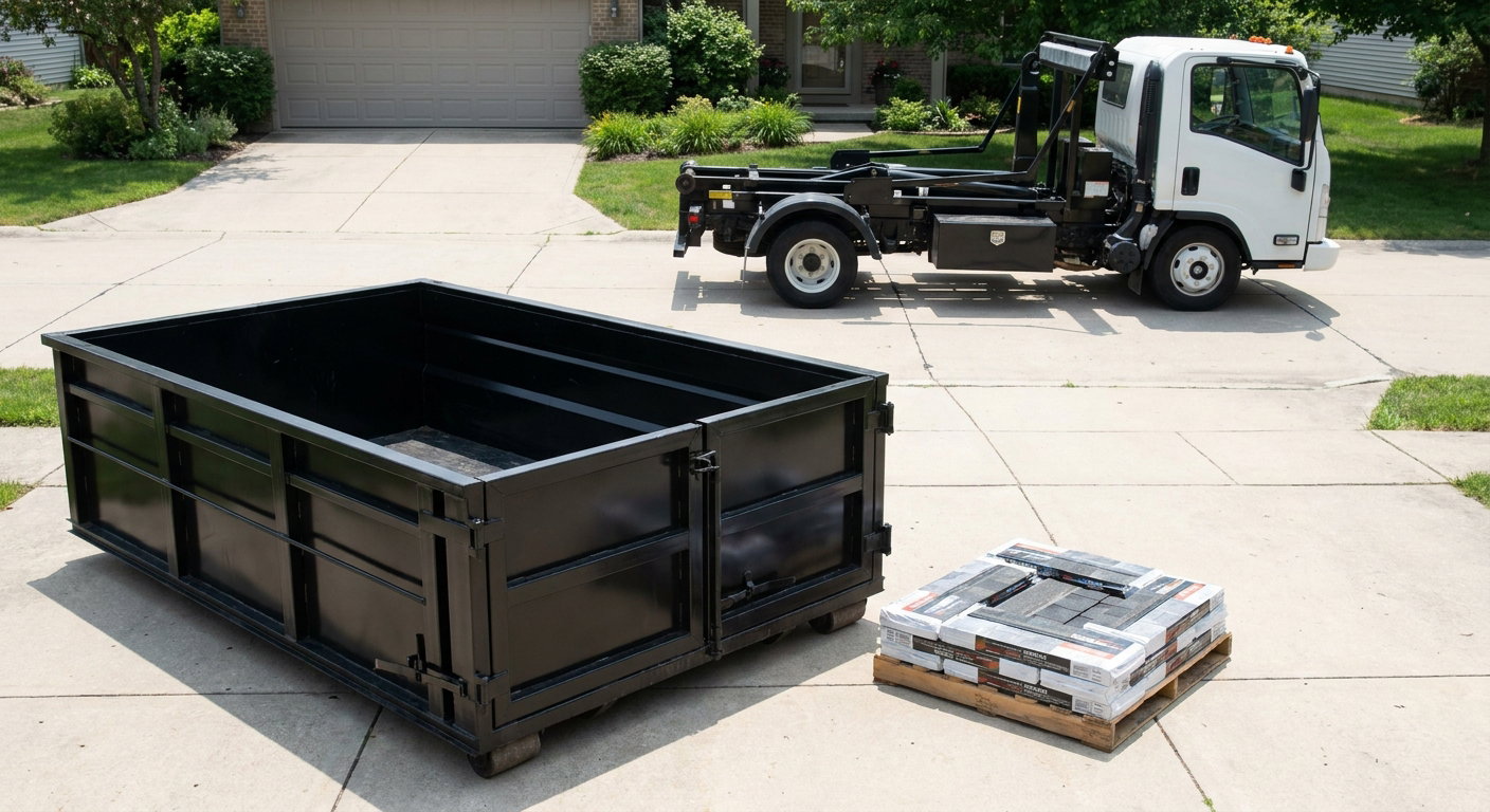 Matte-black 15-yard roofing roll-off dumpster with reinforced low side walls sitting directly on a Sacramento residential concrete driveway, three-tab asphalt shingle bundles stacked nearby, an unmarked white hauler truck partially visible at the edge of the frame.