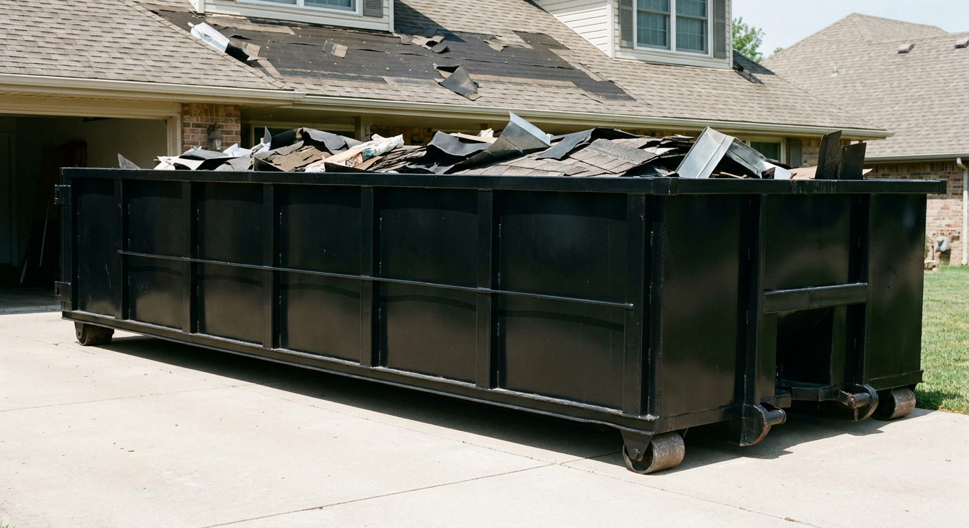 Matte-black 20-yard roofing roll-off dumpster with steel ribbed sides and swinging rear door, sitting directly on the concrete driveway of a two-story Sacramento home, asphalt shingle debris being loaded over the low wall, clean documentary lighting.