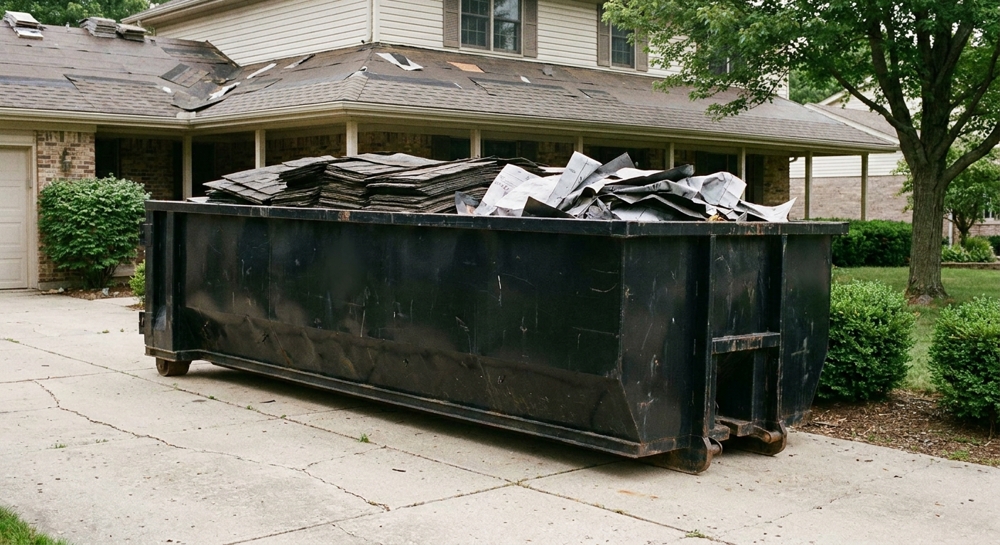 Matte-black 30-yard roofing roll-off dumpster sitting directly on a Sacramento concrete driveway, taller ribbed steel side panels, mixed tear-off debris of asphalt shingles and underlayment inside, professional documentary daylight.