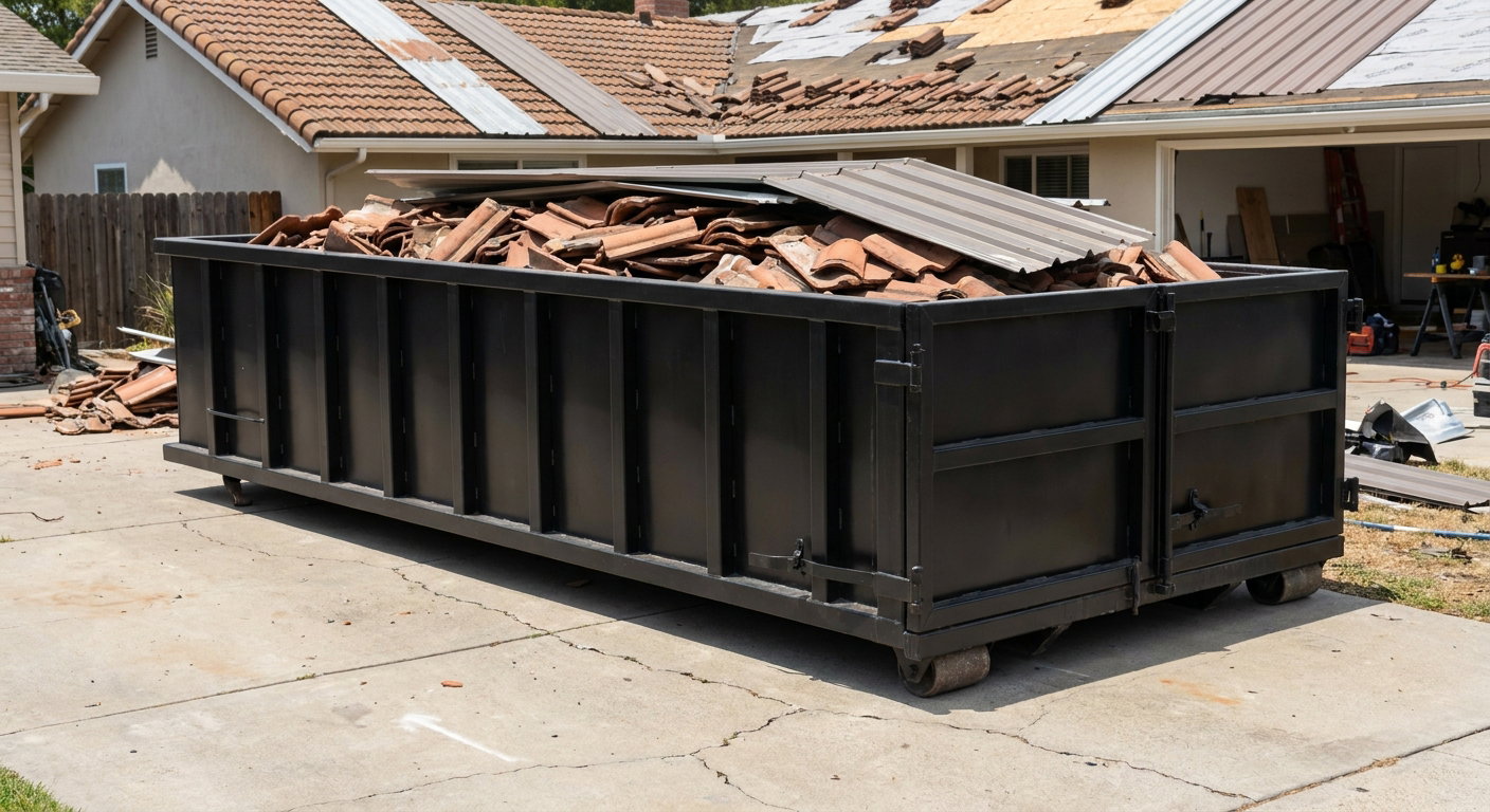 Matte-black low-wall heavy-debris roofing roll-off dumpster sitting directly on a Sacramento concrete driveway, broken concrete clay roof tiles and metal panel sections loaded inside, reinforced ribbed steel side walls visible, bright outdoor daylight.