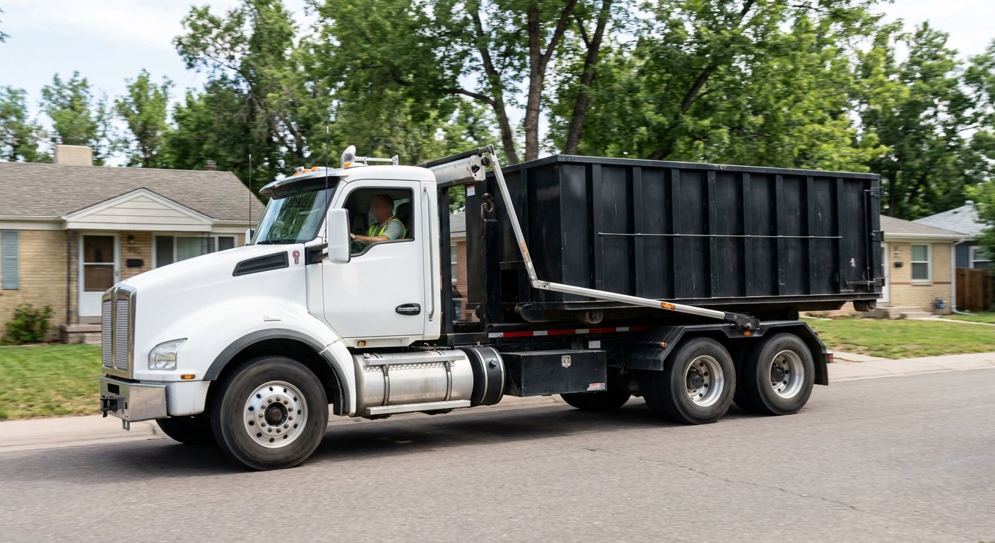 A wide documentary shot of a matte-black roll-off delivery truck pulling onto a quiet Sacramento residential street at mid-morning, with neighborhood rooftops and tree-lined blocks visible behind, showing the metro coverage footprint.