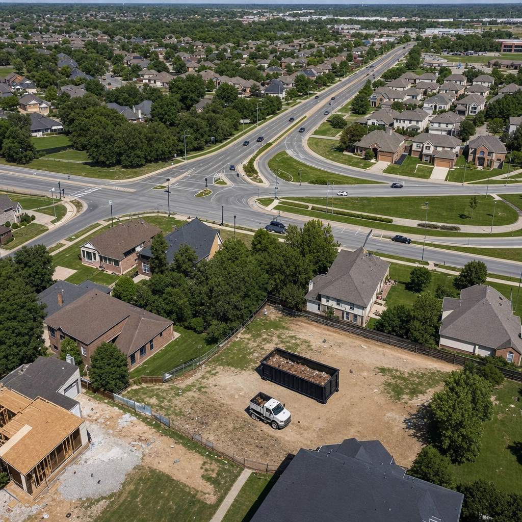 An overhead documentary view of the Sacramento metro area at midday, showing the spread of neighborhoods, arterial roads, and the dispatch radius from a central yard — clean daylight, organized geographic layout.