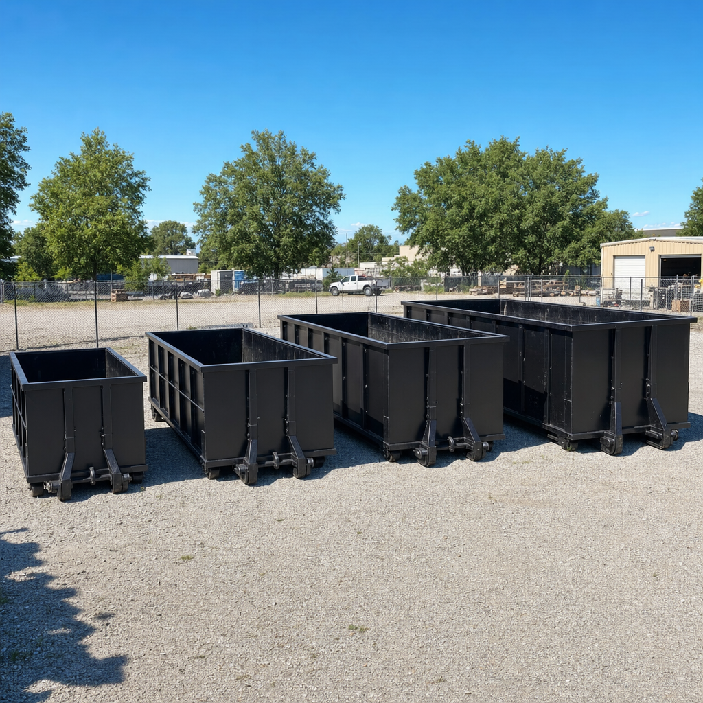 A clean lineup of matte-black roll-off dumpsters in 10, 20, 30, and 40-yard sizes staged on a sunlit gravel yard in Sacramento, showing the size progression from compact to commercial-scale containers.