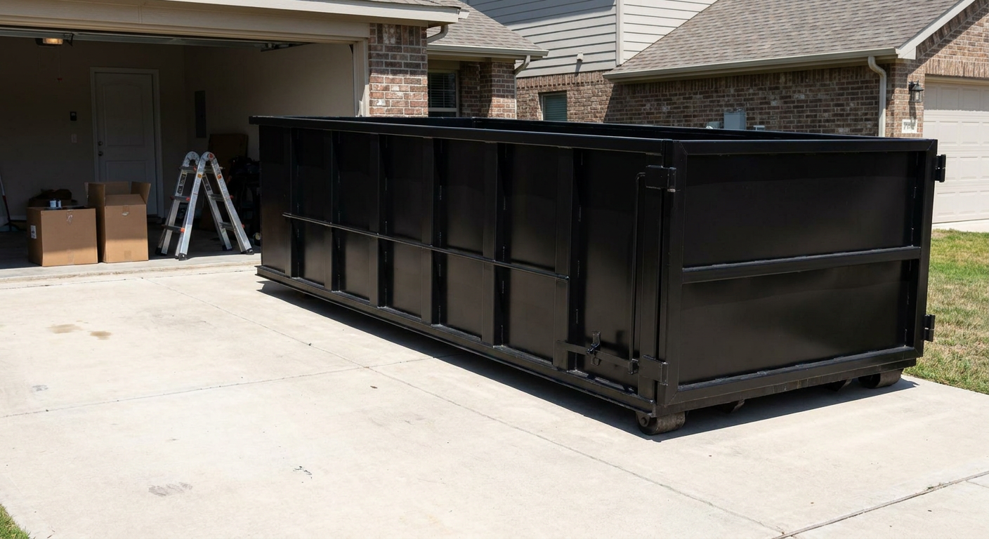 A matte-black 10-yard roll-off dumpster sitting directly on a residential Sacramento concrete driveway, mid-day sunlight, clean and ready for a garage cleanout.
