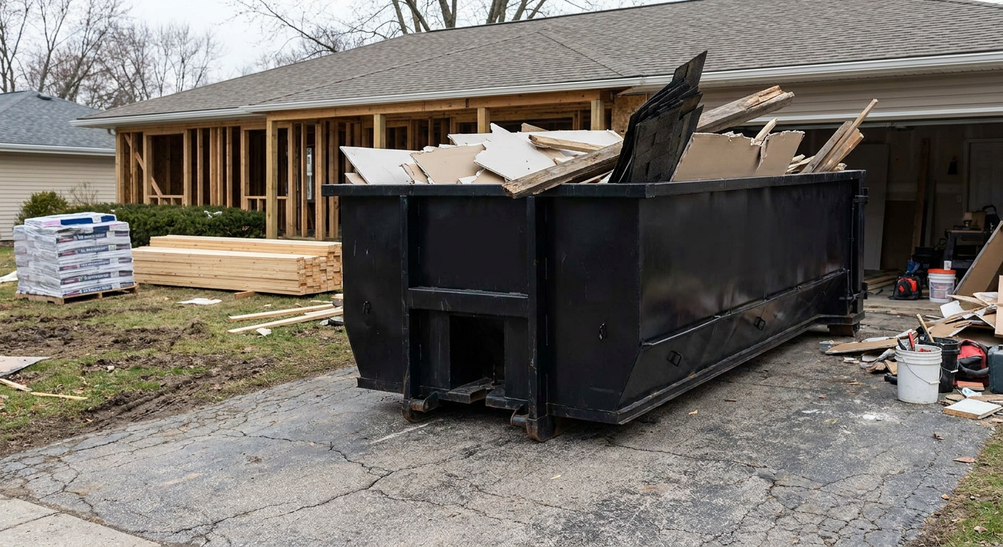 A matte-black 20-yard roll-off dumpster placed alongside a mid-renovation Sacramento home directly on the asphalt driveway, with framing materials and torn-off shingles staged neatly nearby.