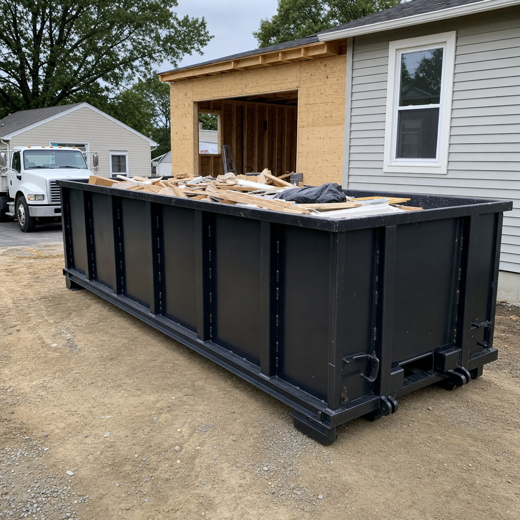 A matte-black 30-yard roll-off dumpster positioned at a Sacramento residential addition jobsite, with framing lumber and drywall scraps loaded through the open swinging rear doors.