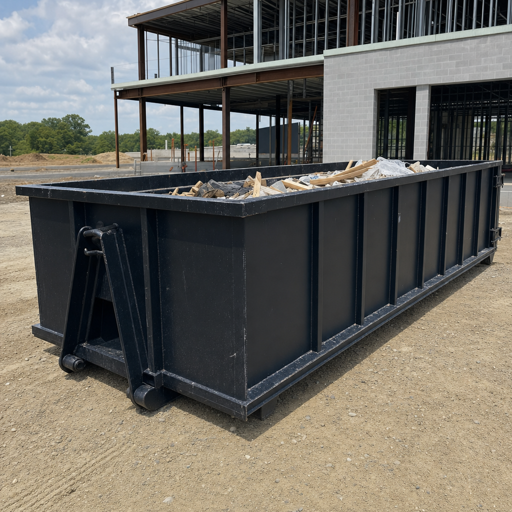 A matte-black 40-yard roll-off dumpster staged on a large Sacramento commercial construction lot, with a hooklift delivery truck parked alongside under bright midday sky.