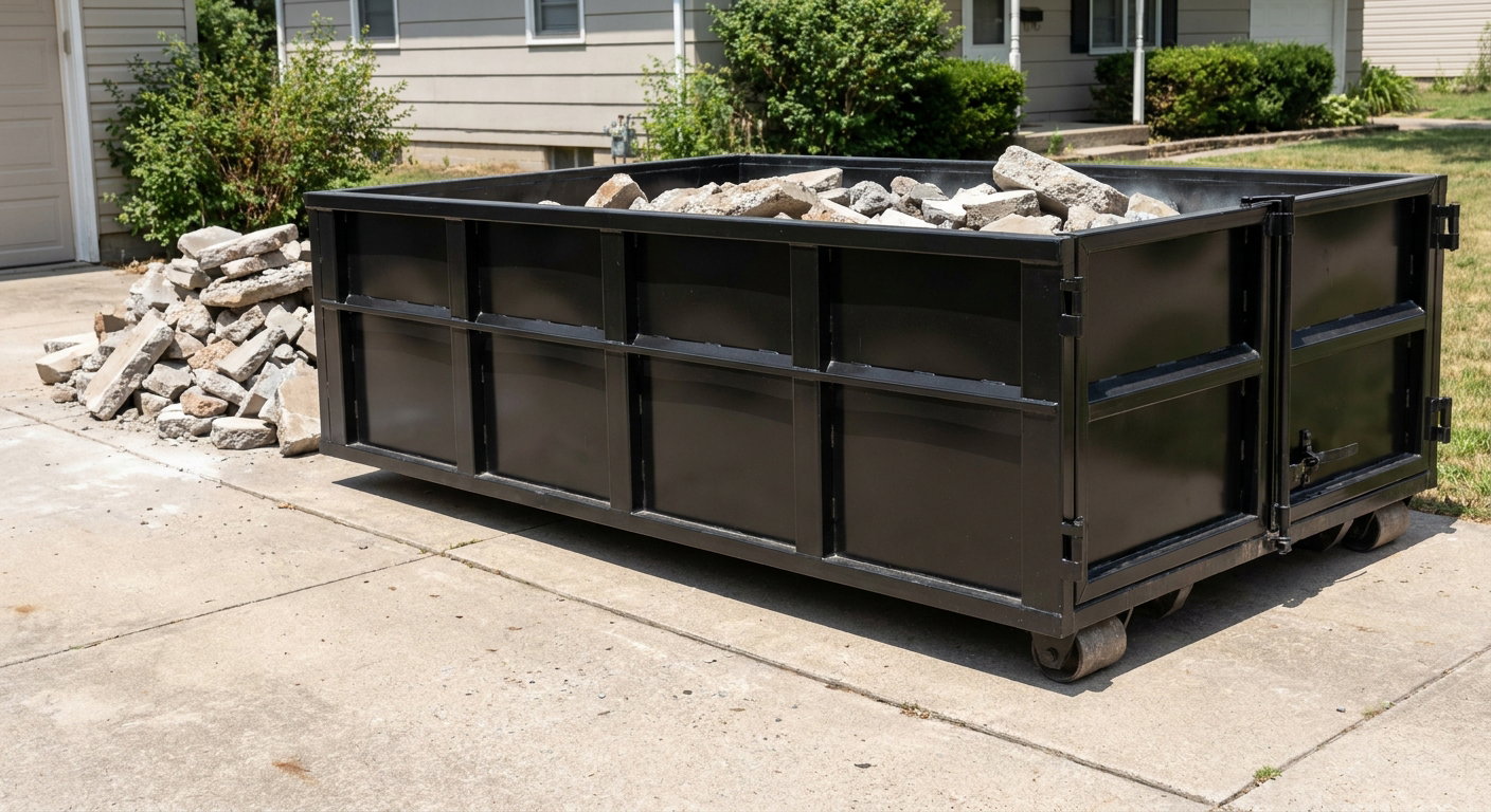 A matte-black low-side heavy-debris roll-off dumpster placed directly on a Sacramento concrete driveway, with broken concrete chunks neatly stacked beside it under clean daylight.